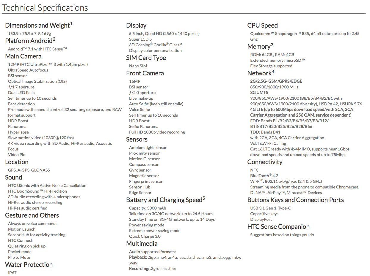 HTC U11 Technical Specifications