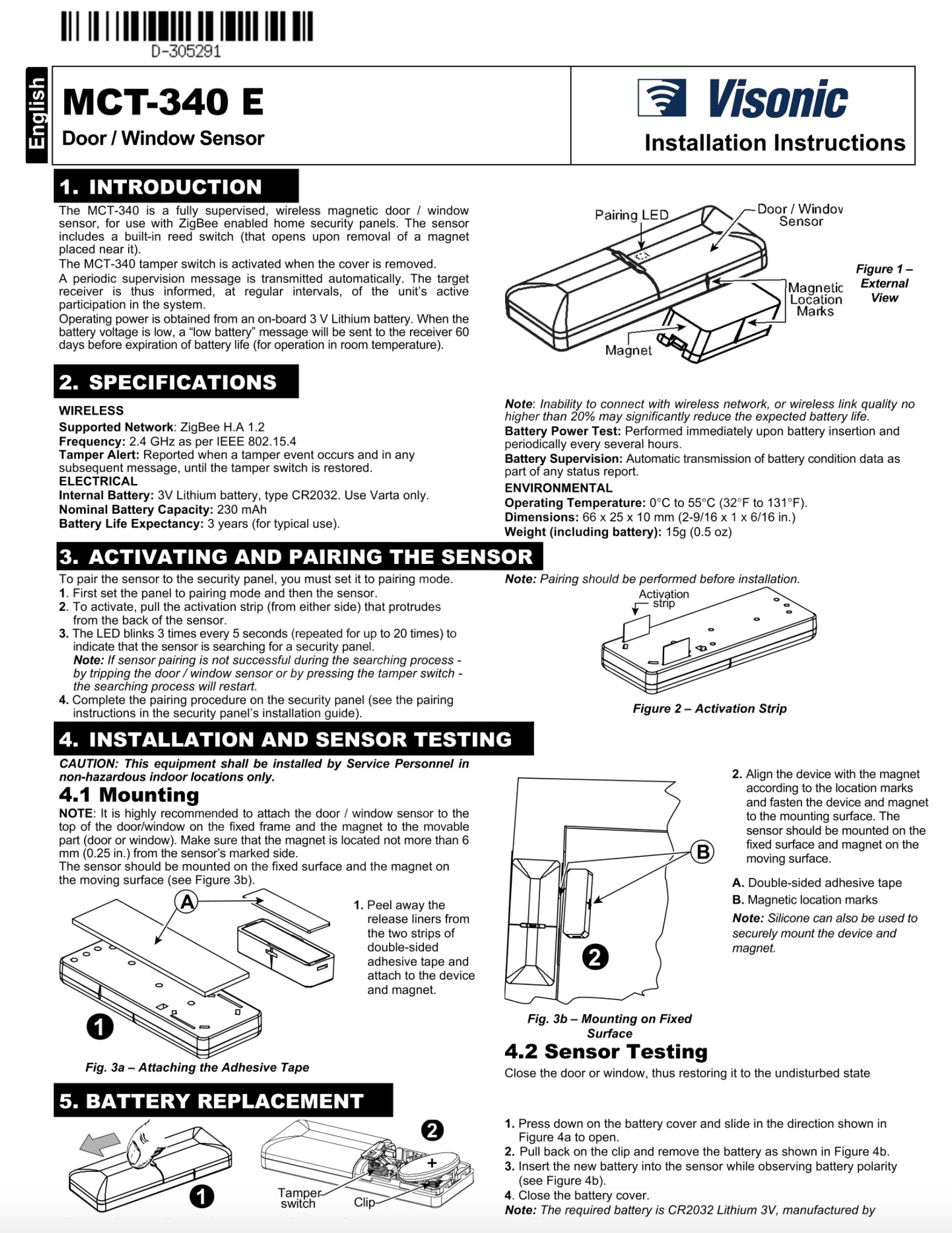 Visionic Contact Sensor Instruction Manual